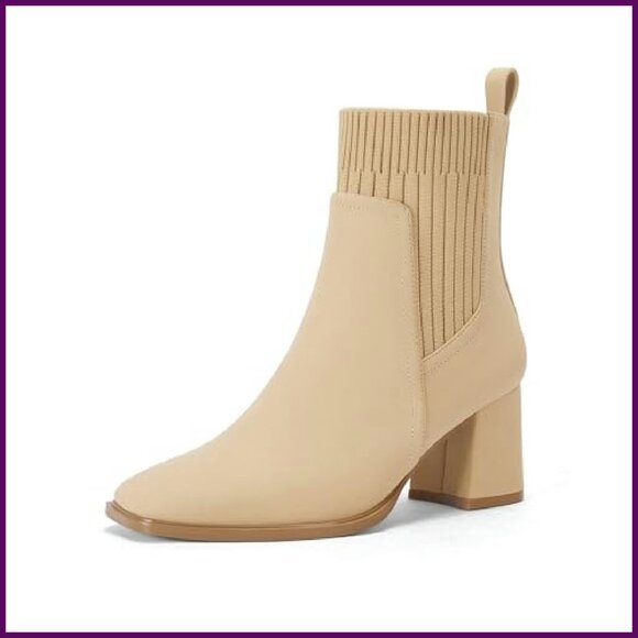 Women's Chunky Heel Slip On Ankle Boots Square Toe Faux Suede - Picture 2 of 6